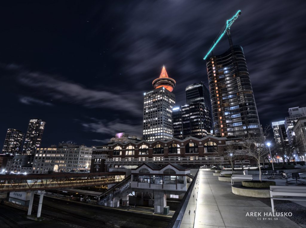 Vancouver Harbour Centre at night HDR