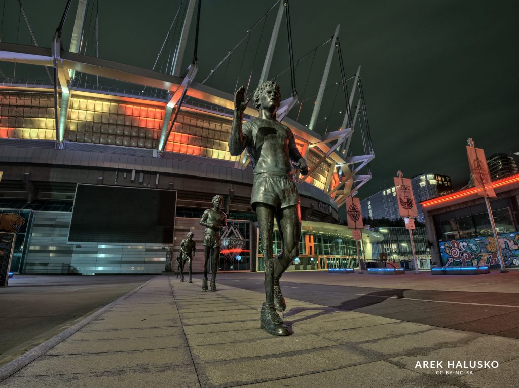 Rogers Arena Terry Fox statue at night