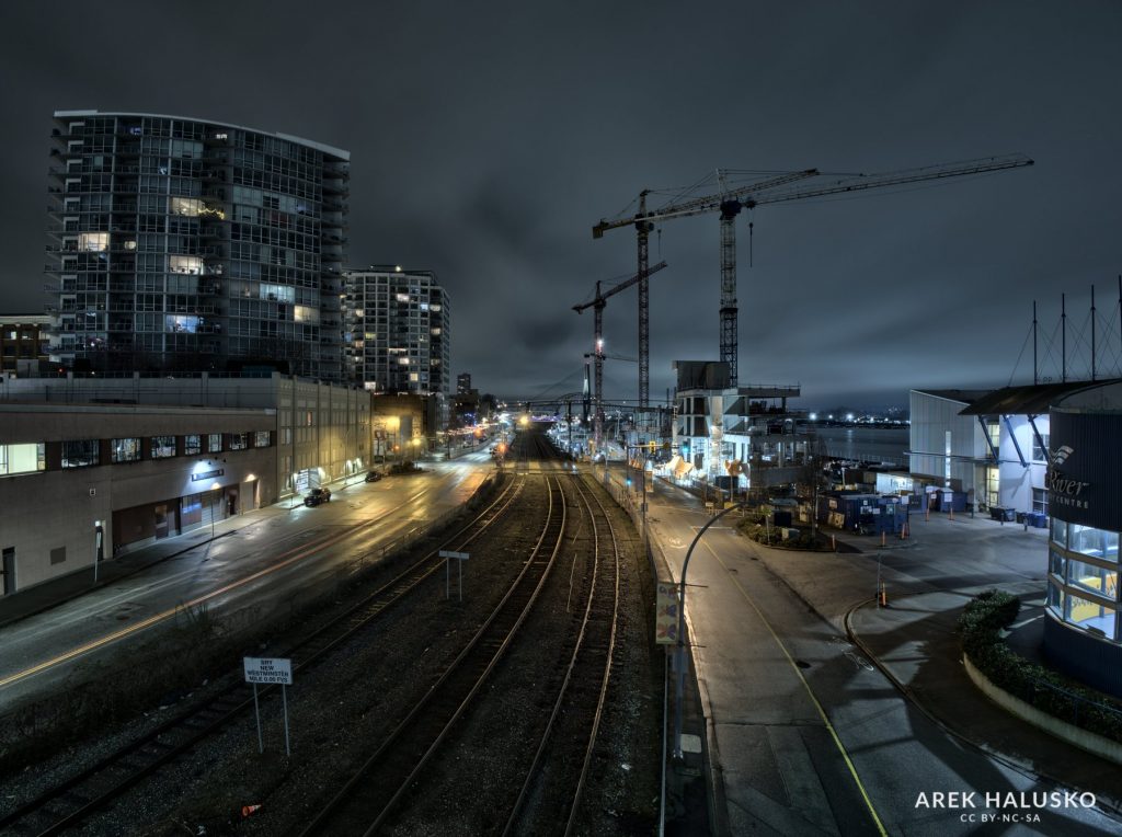New Westminster BC quay at night.