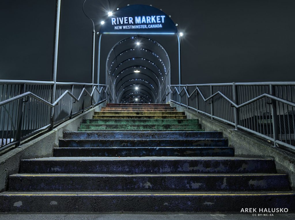 New Westminster BC quay at night.
