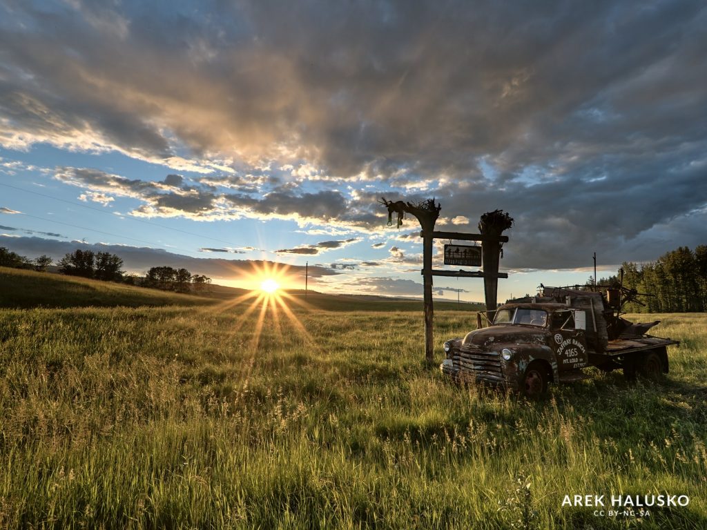 Kamloops BC Mount Lolo sunset with old farm truck