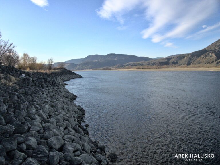Kamloops BC Thompson River shore in low water.